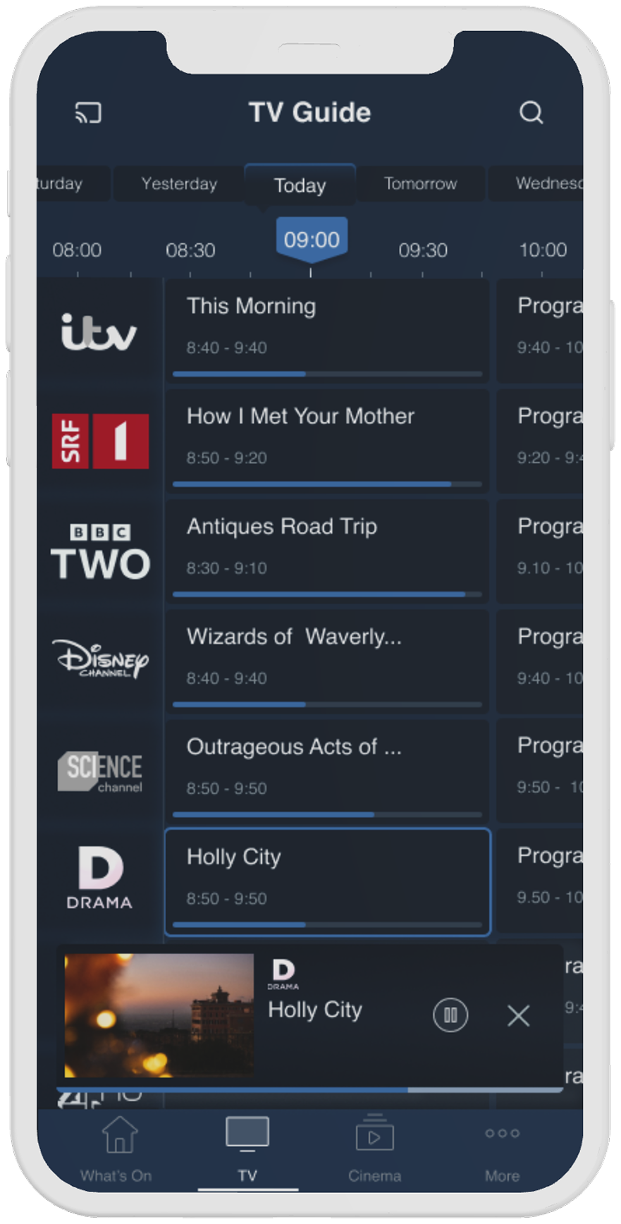Mobile EPG with visual progress line showing currently airing programme